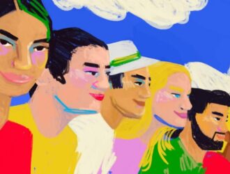 Colorful illustration of five diverse people standing together under a bright blue sky with white clouds.