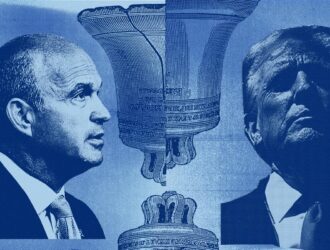 Blue-toned collage showing two political figures facing each other with an image of the Liberty Bell between them.