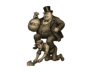 Vintage-style drawing of a wealthy man holding a bag labeled “Wealth” while standing on the back of a working man with a shovel.