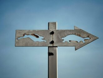 Weathered directional sign with animal silhouettes pointing in opposite directions, representing choice and societal crossroads.