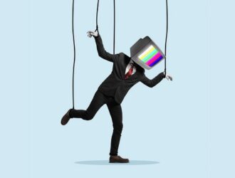 An illustrated figure in a suit with a television for a head, suspended by puppet strings.